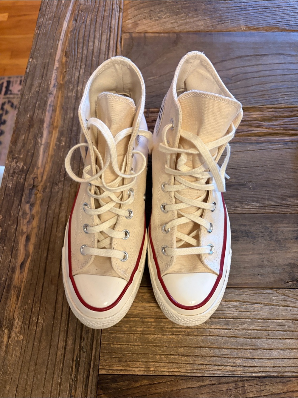 Converse High-Top Canvas Sneakers in Cream with Red Trim